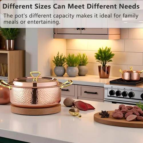 Vista 6 de YJX Olla martillada de 6.7 cuartos de galón con tapa, oro rosa cobre, acero inoxidable de tres capas, utensilios de cocina multifuncionales