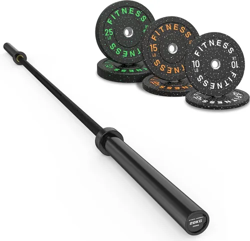 Vista 20 de HANDBODE Olympic Barbell Set, 2-Inch Bumper Plates with Weight Plate Rack
