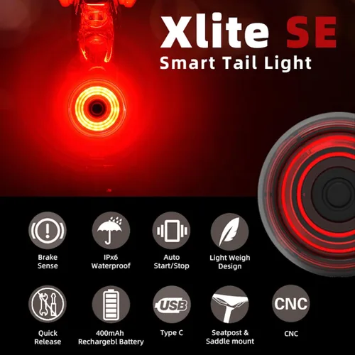 Vista 2 de Xlite SE Smart Bike Light, luz trasera automática con detección de frenos, visibilidad ultra alta, encendido/apagado automático, USB-C recargable