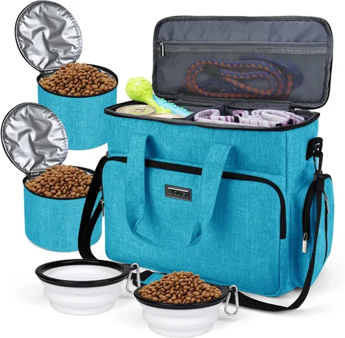 Vista 23 de BAGLHER Bolsa de viaje para perros, bolsa de viaje para mascotas (todos los suministros de viaje para mascotas), con 2 recipientes de comida