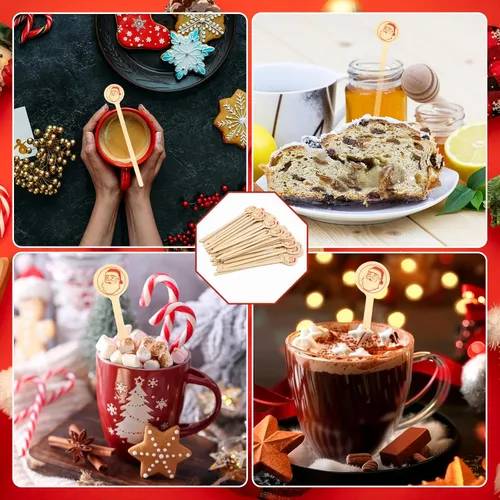 Vista 7 de 200 palitos para revolver café, 6 pulgadas, punta redonda de madera con patrón de Papá Noel, desechables ecológicos biodegradables para revolver