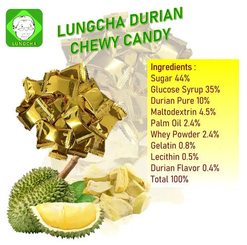Vista 3 de LUNGCHA DURIAN Caramelo de frutas con sabor a caramelo, producto de Tailandia, 3.5 onzas (3.53 oz) (Durian)