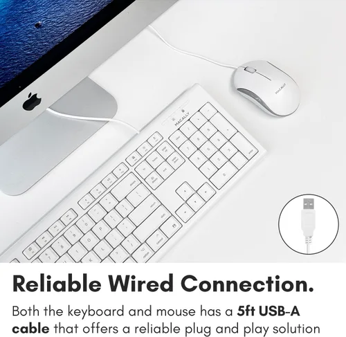 Vista 3 de Macally Combo de teclado y mouse Mac con cable USB de tamaño completo, compatible con teclado y mouse ergonómico Apple con atajos y teclado numérico