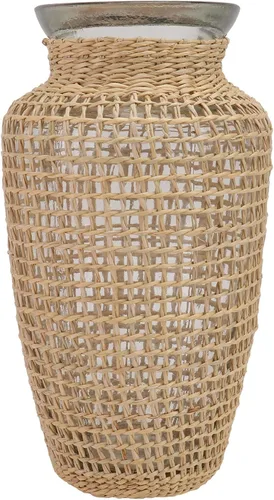 Cabilock Jarrón de vidrio tejido estilo nórdico de 8.5 pulgadas de hierba marina hidropónica para plantas, jarrón decorativo de mimbre natural para