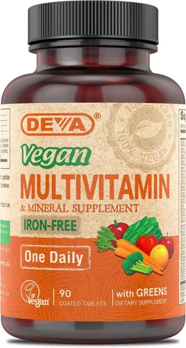 DEVA Suplemento multivitamínico y mineral vegano sin hierro, mezcla de alimentos verdes, espirulina, clorella, ashwagandha, brócoli, 90 tabletas