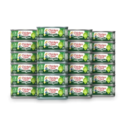 Chicken of the Sea Atún ligero en trozos en agua, atún capturado en la naturaleza, 25% menos de sodio, latas de 5 onzas (paquete de 24)
