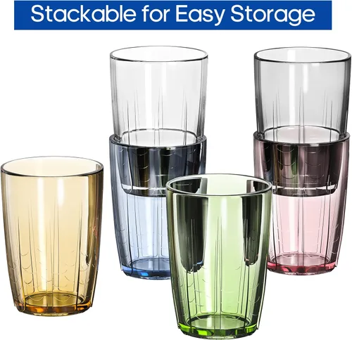 Vista 8 de ZEAYEA Juego de 6 vasos acrílicos para beber, vasos de agua irrompibles de 14 onzas, vasos de plástico reutilizables, vaso apilable para jugo