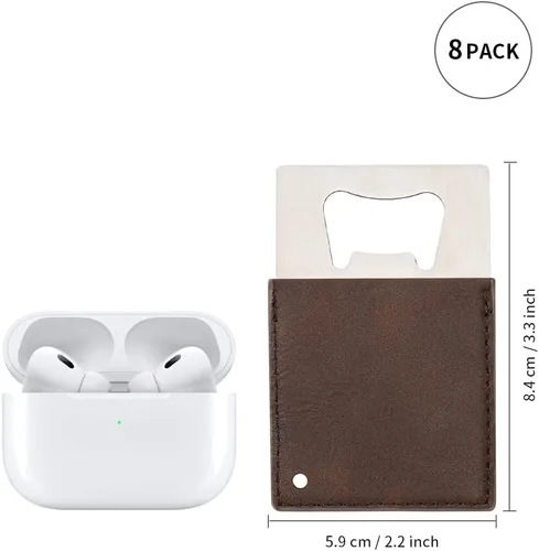 Vista 3 de PYD Life Paquete de 8 abrebotellas de tarjetas de crédito de acero inoxidable con mango de cuero marrón en blanco de 2.2 x 3.3 pulgadas para grabado