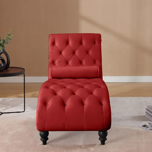 Vista 4 de Moderna tumbona de terciopelo para interiores con ribete de cabeza de clavo, sillón sin brazos con botones para interior con almohada lumbar y 4