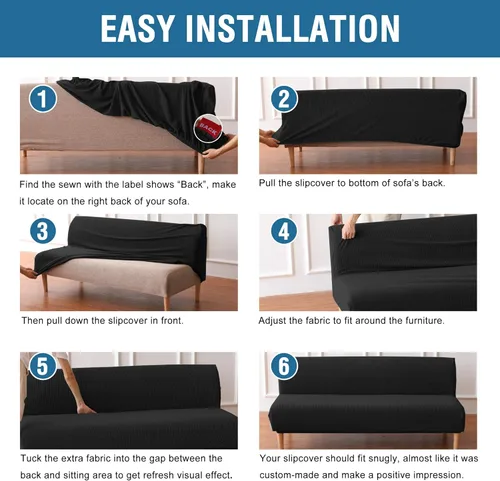 Vista 5 de H.VERSAILTEX Funda elástica para futón sin brazos, funda protectora elástica para sofá cama, textura rica en elastano, pequeños cuadros de tela Negro