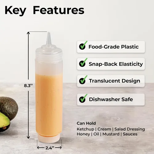 Vista 2 de Restaurantware Botella de plástico transparente FIFO de 16 onzas con tapa de repuesto y punta de dispensación de precisión, ideal para restaurantes