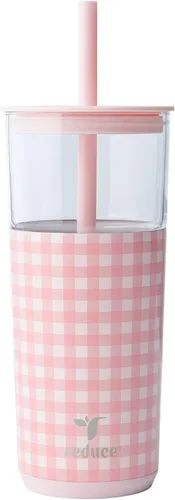 REDUCE Aspen - Vaso de vidrio aislado al vacío de 20 onzas, popote y tapa Blush Gingham