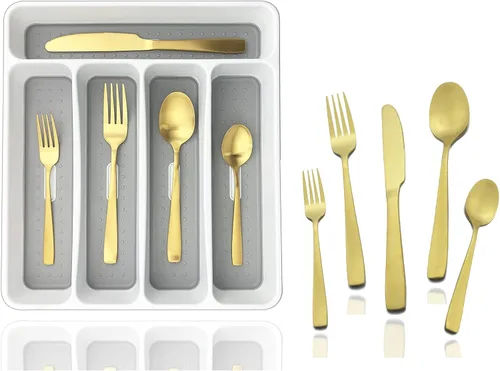 Vista 9 de JASHII Juego de cubiertos con bandeja, juego de cubiertos cuadrados de acero inoxidable de 20 piezas para 4, acabado mate, utensilios de comida