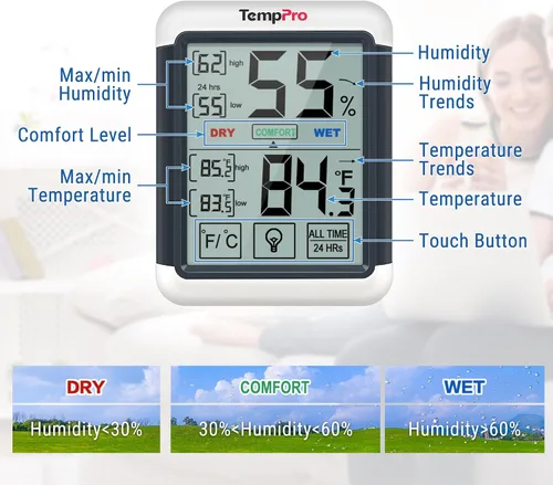 Vista 8 de ThermoPro TP65 Termómetro de Interior y Exterior, Higrómetro Digital Inalámbrico, Monitor de Humedad de Temperatura con Pantalla Táctil Jumbo