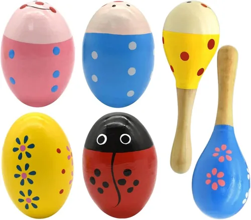 Huevos de Pascua de madera agitadores juguetes, 4 huevos con 2 martillo de
