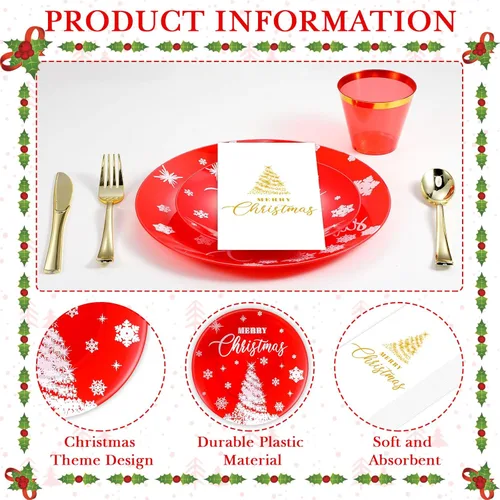Vista 3 de Maxcheck Juego de vajilla de plástico de Navidad de 175 piezas, 25 platos llanos, 25 platos de postre, 25 servilletas, 25 tenedores, 25 cuchillos