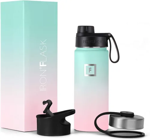 Vista 102 de IRON °FLASK - Botella deportiva de 14, 18, 22, 32, 40, 64 o 128 onzas, 3 tapas (boquilla), acero inoxidable aislado al vacío, doble pared moderna