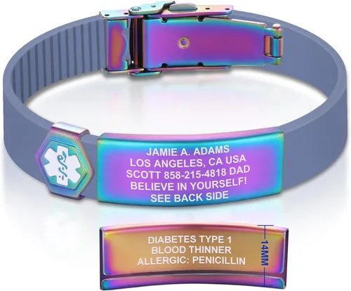 Vista 29 de Divoti Pulsera de identificación de alerta médica grabada personalizada, grabado láser de doble cara (hasta 9 líneas), pulsera de silicona ajustable