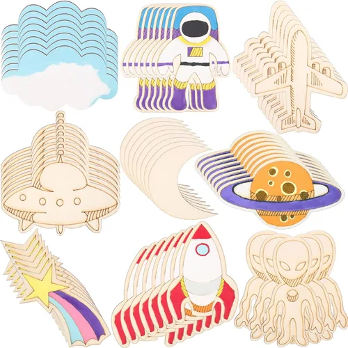 Vista 8 de Jetec 27 piezas de manualidades del espacio exterior, recortes de madera sin terminar, temática espacial, recuerdo de fiesta, cohete, planeta