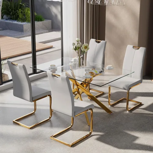 Vista 10 de Juego de mesa de comedor de 5 piezas para 4, mesa rectangular moderna de cristal con 4 sillas tapizadas de cuero, juegos de mesa y sillas de comedor