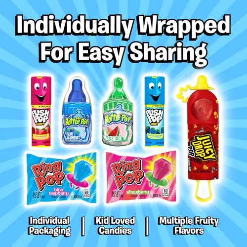 Vista 5 de Bazooka Candy Brands Caja de dulces variada – 18 paletas de dulces de verano de Ring Pop, Push Pop, Baby Bottle Pop & Juicy Drop – Caramelos