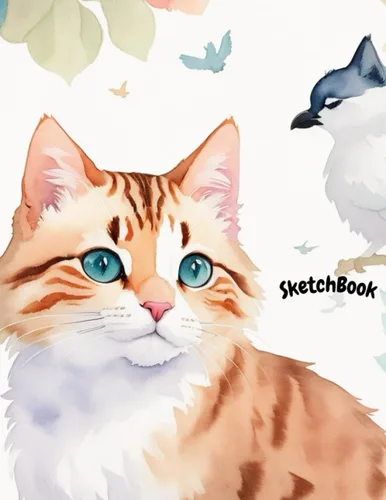 Sketchbook For Anyone Who Love Drawing Notebook With A Charming Scene Of A Cute Kitty And Vibrant Flowers Cover Size 8.5 x 11, 120 Blank Page