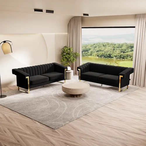 Vista 22 de Sofá de 1 pieza para sala de estar, elegante sofá de terciopelo beige con patas de metal dorado, moderno sofá copetudo de mediados de siglo