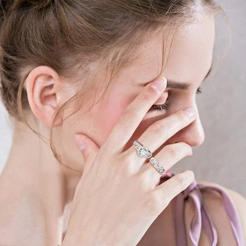 Vista 2 de Jeulia Juego de anillos calados de 4 quilates para mujer, plata de ley 925, anillos de compromiso de oro rosa, anillo de compromiso con halo
