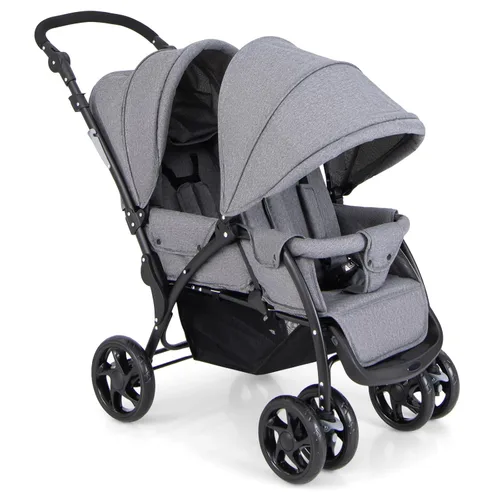 Vista 10 de HONEY JOY Cochecito doble, plegable y ligero para bebés gemelos con asientos en tándem, arnés de 5 puntos, asiento reclinable, canastilla