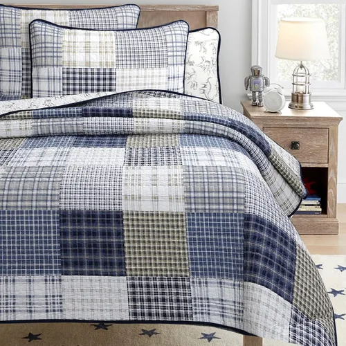 Vista 15 de Juego de ropa de cama de 100 % algodón con estampado a rayas de cuadros azul marino y naranja a rayas, colcha reversible, colcha
