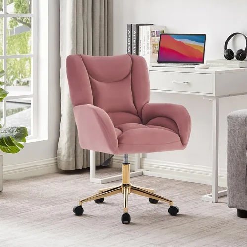 Vista 16 de Silla de escritorio de oficina en casa, cómoda silla de terciopelo ajustable en altura con ruedas y brazos, moderna silla de escritorio con ruedas