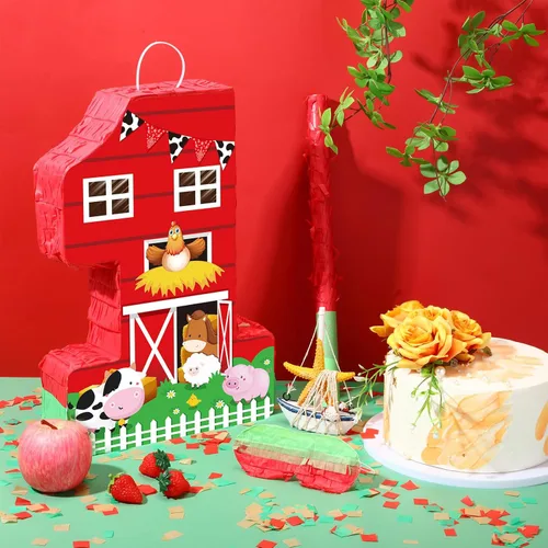 Vista 4 de Hungdao Piñata con número de piñata de cumpleaños de granja con murciélago y confeti para niños y niñas, decoración de fiesta de cumpleaños