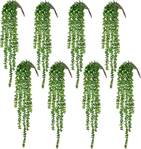 Vista 7 de CEWOR 4 plantas colgantes falsas, cadena de perlas, suculentas colgantes artificiales, decoración de fondo de pared, plantas artificiales