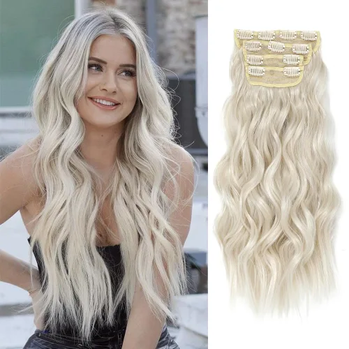 Vista 7 de Extensiones de cabello ondulado largo de 20 pulgadas con clip, pieza de cabello sintético grueso para mujer
