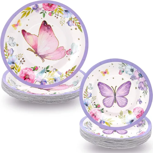 Hortsun 72 platos de papel de decoración de cumpleaños de mariposa a granel, decoración de recuerdos de fiesta, platos desechables de 9 pulgadas y 7
