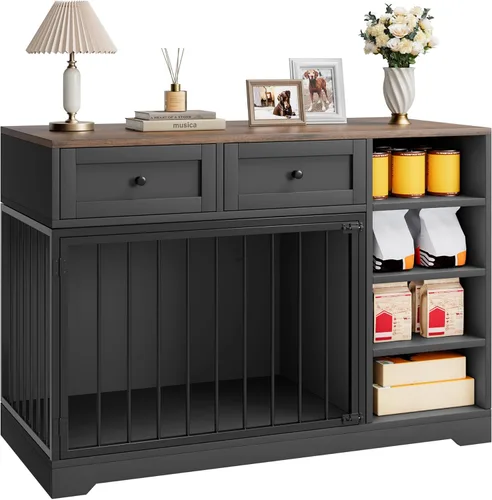 Vista 7 de Muebles de jaula para perros de 47 pulgadas, soporte de TV de jaula para perros grandes con 2 cajones y 4 estantes, perrera de madera