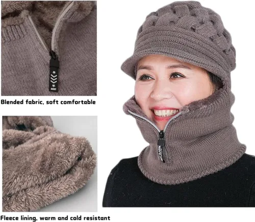 Vista 3 de Gorro con forro de vellón para mujer, conjunto para el invierno de gorro, bufanda y máscara facial, orejeras para mujeres de mediana edad y mayores