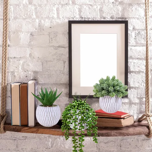 Vista 6 de Winlyn 3 piezas pequeñas de imitación plantas artificiales de aloe lúpulo de lúpulo, plantas suculentas en macetas geométricas de hormigón gris