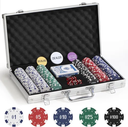Vista 2 de Juego de 300 fichas de póquer numeradas para Texas Holdem, Blackjack, torneos con estuche de aluminio, 2 barajas de cartas, distribuidor, ciego