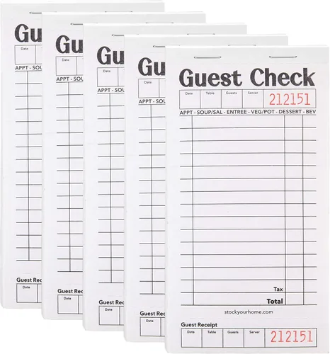 Stock Your Home Libros de Cheques de Huéspedes en Blanco y Negro para Meseros (Paquete de 5) Blocs de Notas de Mesero, Talonario de Cheques de