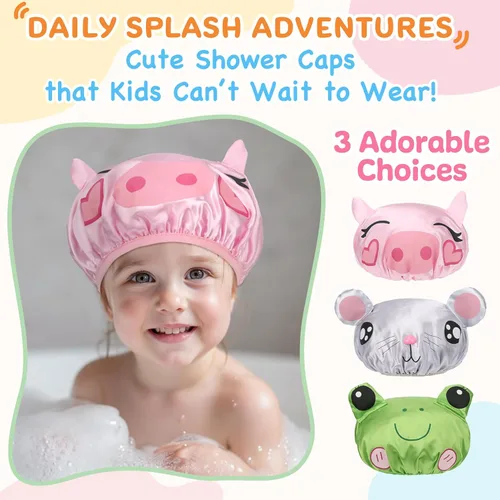 Vista 6 de kilofly Juego de 3 gorros de ducha de animales divertidos para niños, reutilizables, impermeables, juego de sombreros de baño