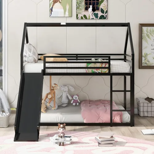 Vista 14 de Harper & Bright Designs Cama Litera Casa con Tobogán, Cama Litera Doble sobre Doble con Techo y Barandillas, Cama Litera Doble sobre Doble de Metal