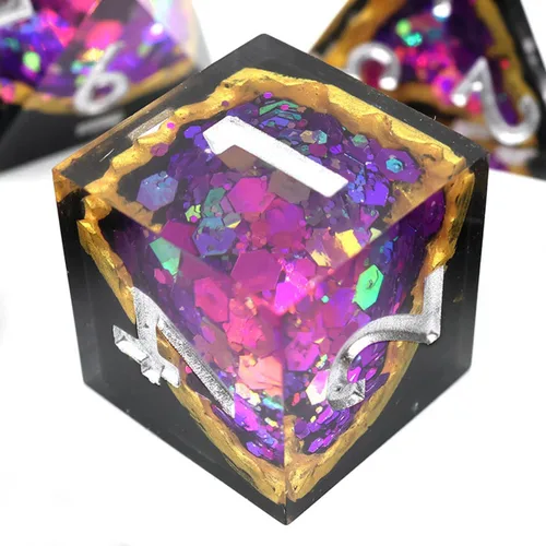 DND - Juego de 7 dados hechos a mano de resina de borde afilado con estuche de regalo para juegos de mesa DND de Calabozos y Dragones (Magia Morada)