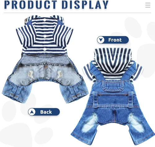 Vista 5 de Ropa con capucha para perro pequeño, camisas de rayas lindas, mono de mezclilla de una pieza, atuendo para perros pequeños, medianos, gatos, niño