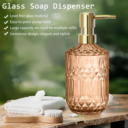 Vista 4 de 14Oz Gold Pump Glass Soap Dispenser, Amber Diamond Design Countertop Refillable Liquid Bottle Hand Dish Lotion Dispenser with Plastic Pump, for