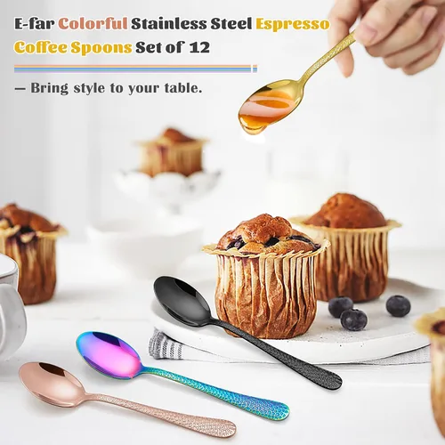 Vista 6 de E-far 12 cucharas de café pequeñas, mini cucharas de café expreso de acero inoxidable de 6 pulgadas para café/azúcar/té, diseño martillado y libre
