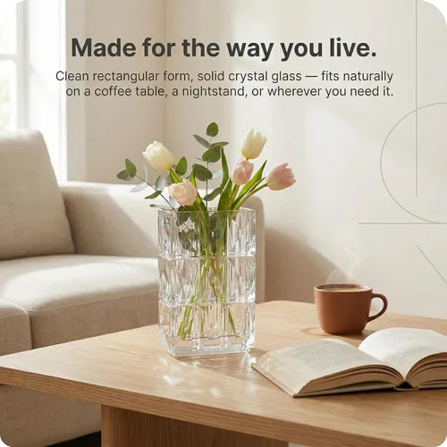 Vista 5 de Clear Crystal Flower Vase Heavyweight Glass Centerpiece Modern Rectangular Decorative Vases for Living Room Minimalist Home Decor Securely Packaged