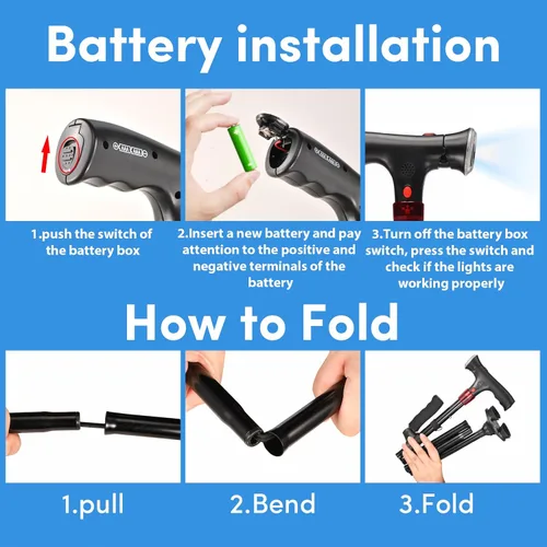 Vista 6 de Walking Cane for Men & Women with Alarm, LED Light and Foldable Handle, Foldable, Adjustable, Lightweight, Free Self Standing Walking Cane for