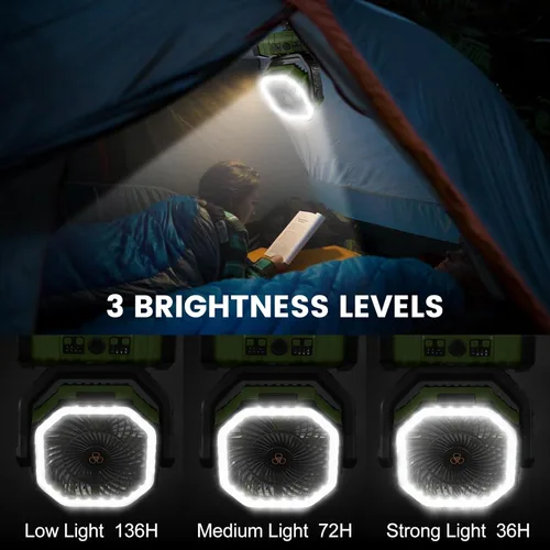 Vista 3 de Odoland Ventilador de camping de 30000 mAh con linterna LED, recargable, funciona con batería, oscilante con control remoto y gancho, ventilador