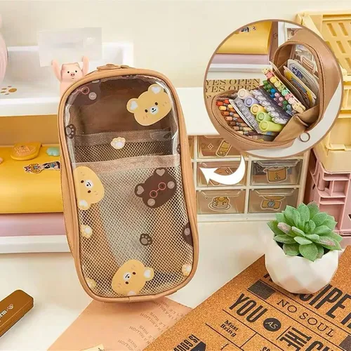 Vista 6 de Estuche de lápices de oso marrón, estuche Kawaii Stationary, estuche transparente para lápices escolar, caja de cosméticos, estuches lindos
